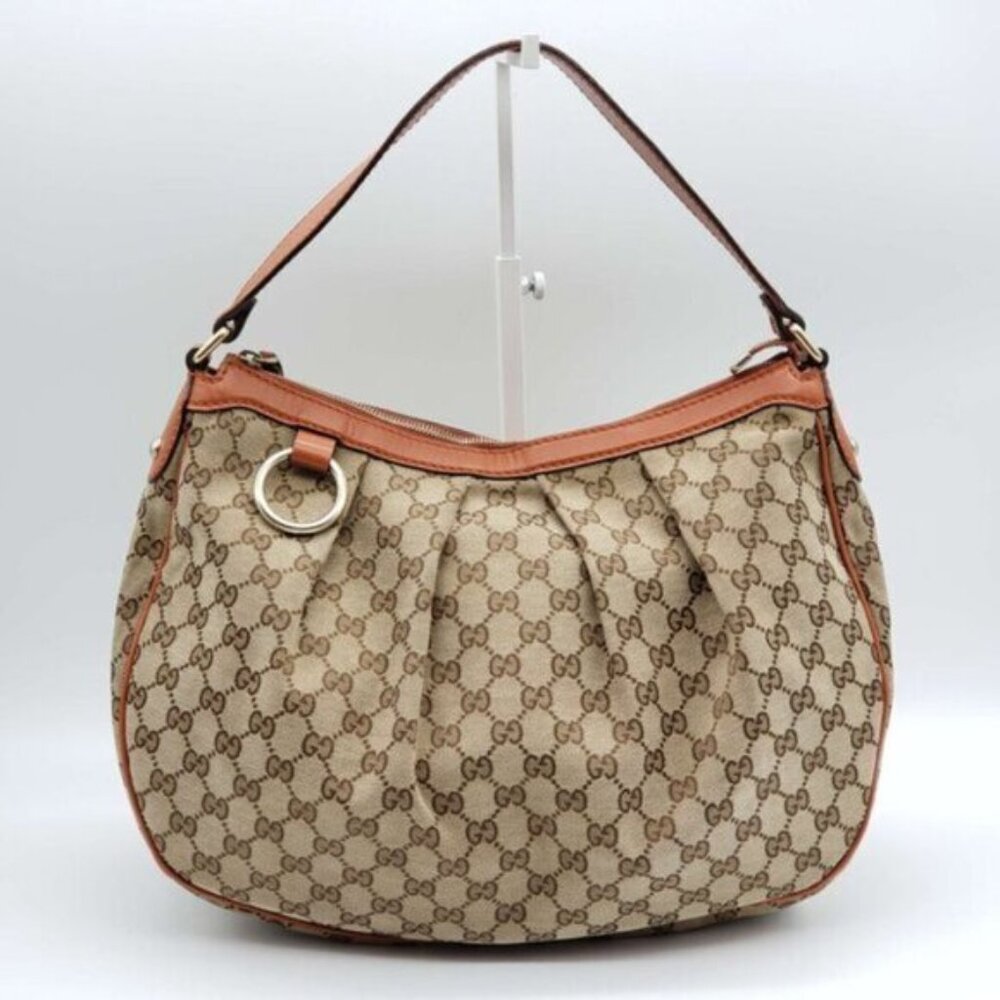 Authentic Gucci GG Canvas Sukey Hobo Bag  Monogram Leather Trim Shoulder Bag